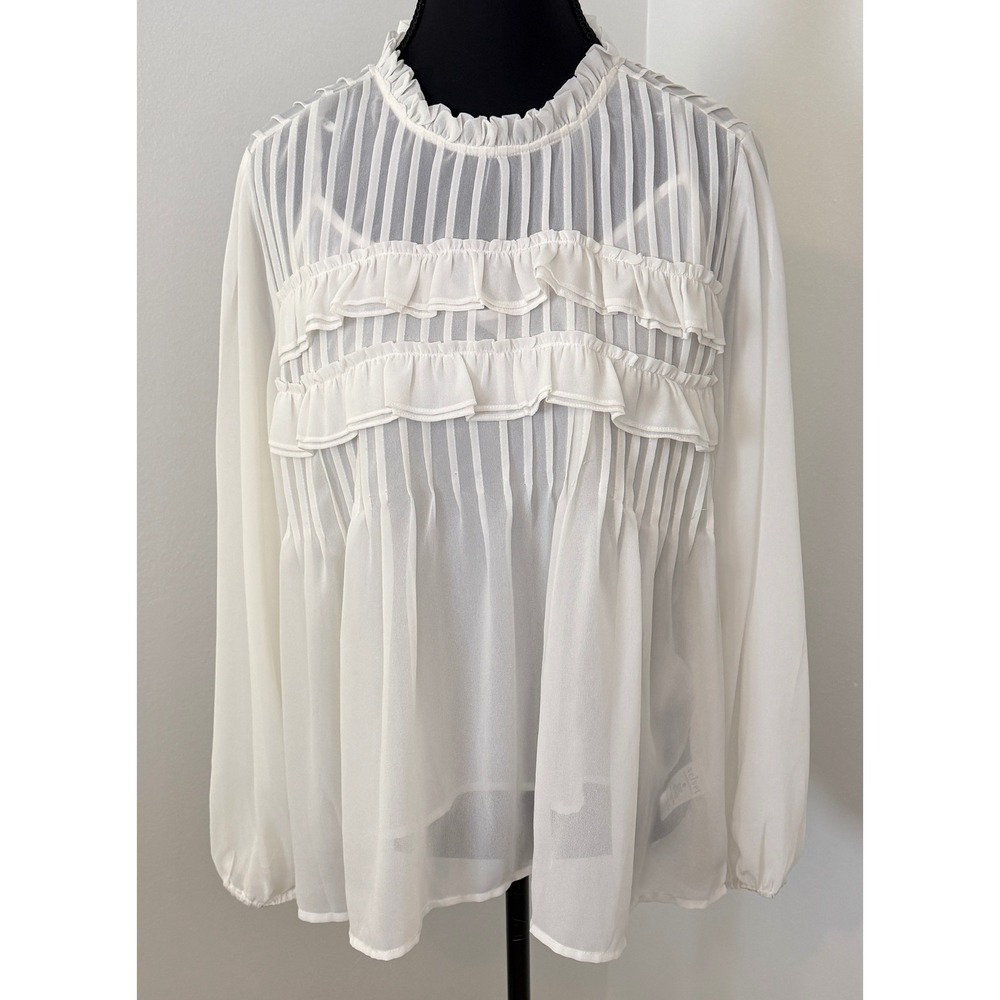 Velvet by Graham &‎ Spencer White Ruffle Pintuck Sheer Blouse with Cami Medium